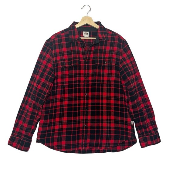 The North Face Men’s Red Plaid Flannel Shirt Size Large Buttons 100% Cotton - Picture 2 of 15